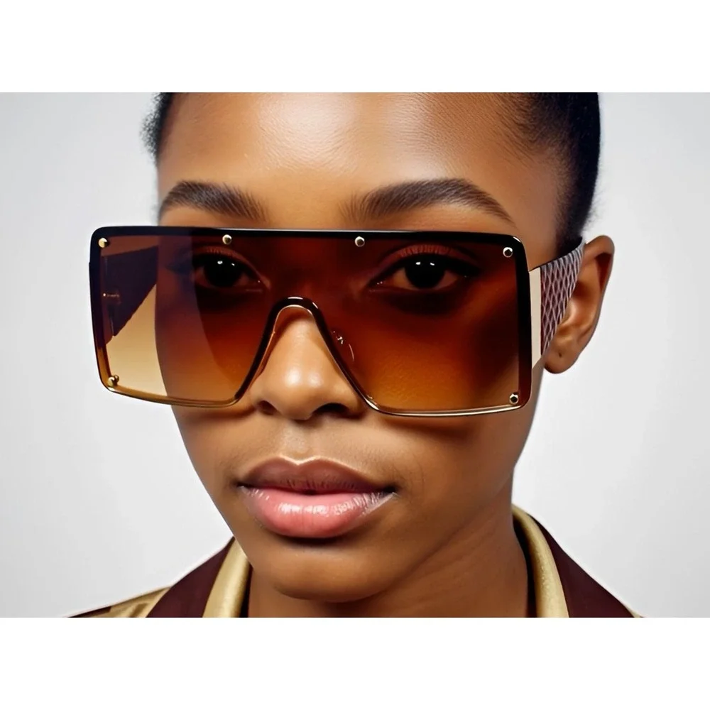 Women Sunglasses Square Big Shades studed Gold‎ Metal Shield Retro Vintage Style